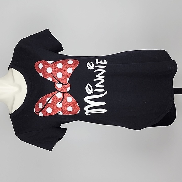 Disney Minnie Mouse Short Sleeve T-Shirt Black Red Glitter Bow Size Medium 7, 9 - Picture 1 of 10
